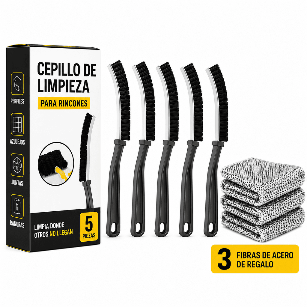 Kit con 5 Cepillos de Acero para Limpieza de Rincones Difíciles + Set de 3 Fibras de Acero