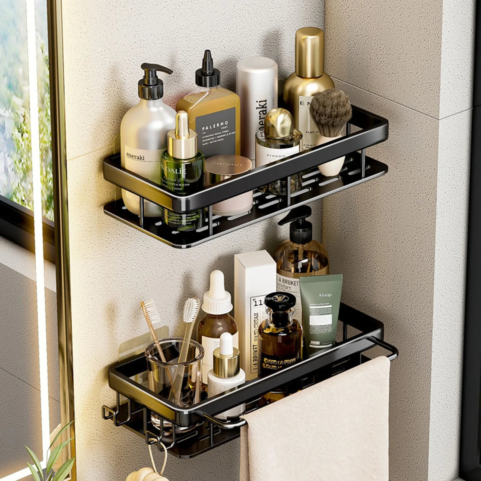 Organizador de baño de aluminio premium (set de 2 piezas)